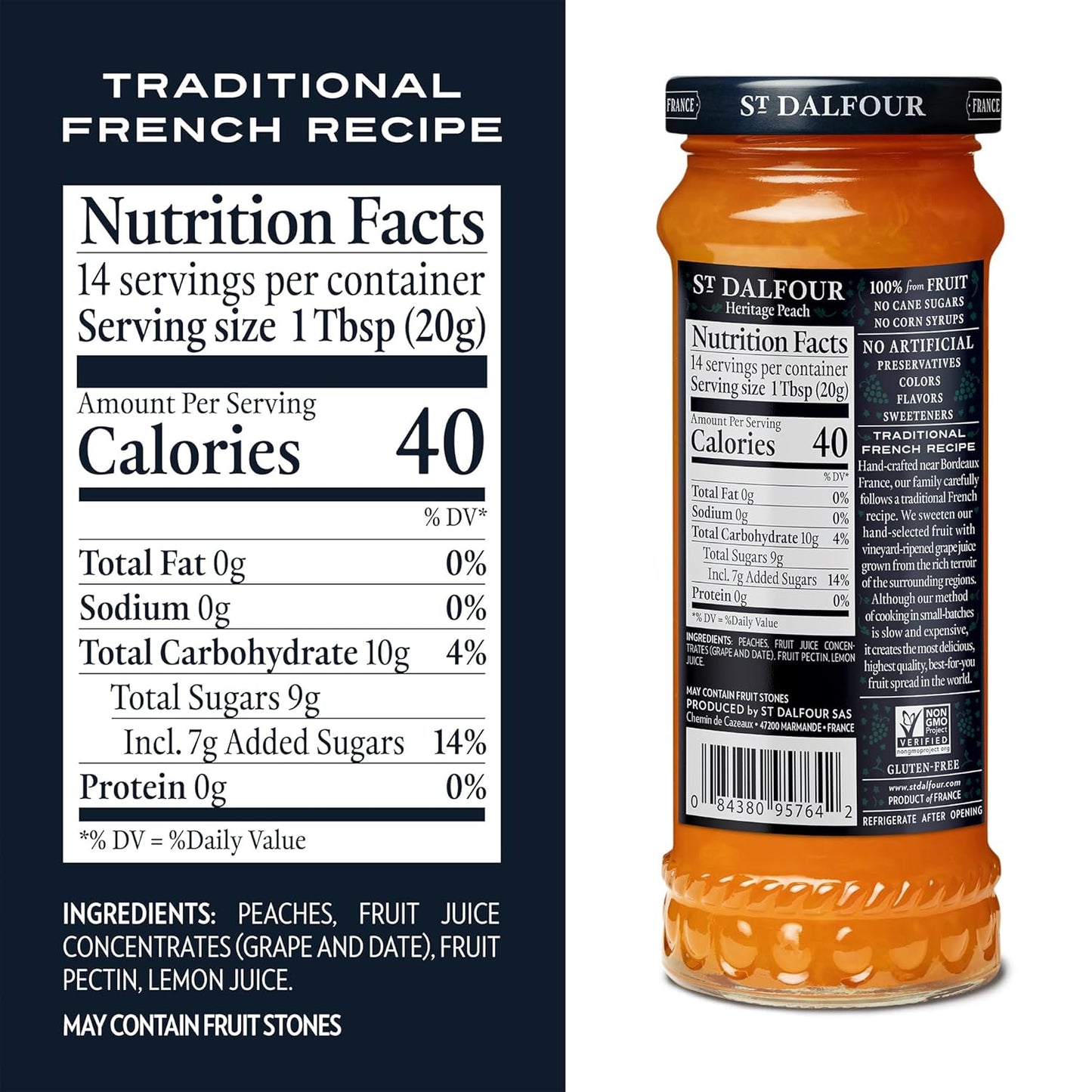 St. Dalfour Heritage Peach Fruit Spread - 10oz - 100% from Fruit, No Artificial Ingredients, Non-GMO, No Cane Sugars, All Natural, Made in France