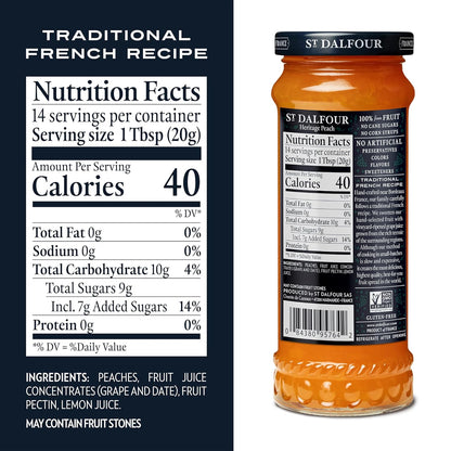 St. Dalfour Heritage Peach Fruit Spread - 10oz - 100% from Fruit, No Artificial Ingredients, Non-GMO, No Cane Sugars, All Natural, Made in France