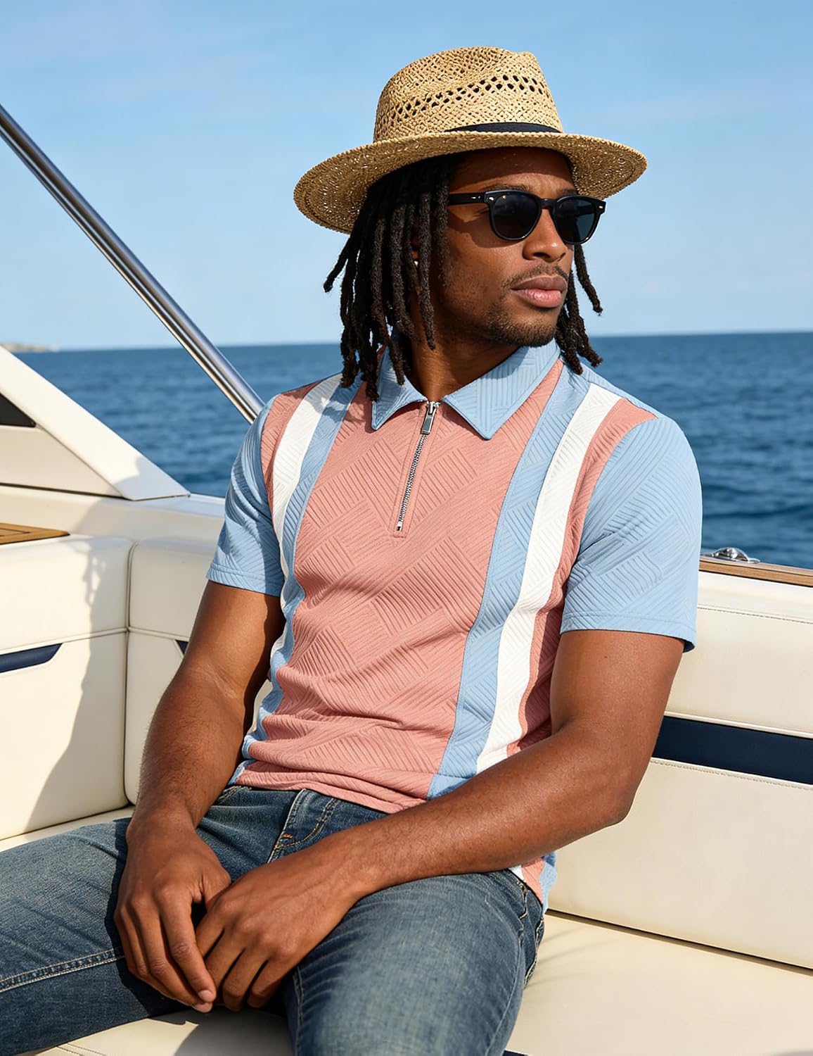 UOUA Men's 1/4 Zip Polo Shirts Summer Short Sleeve Sweatshirts Vintage Striped Texture Tops Casual Golf Tee