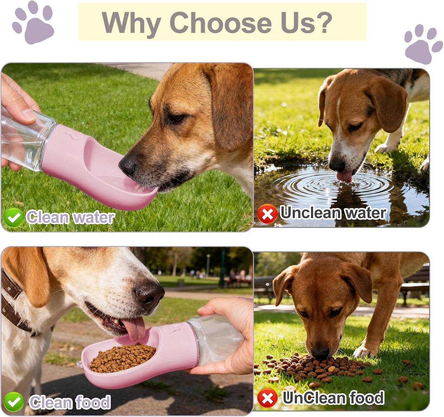 Portable Dog Water Bottle with Food Container, BPA Free Travel Water Bottle for Dogs, 2-in-1 Dispenser Drinking Feeder for Pets Walking, Hiking, Travel, Puppy Essentials, Pink, 12oz