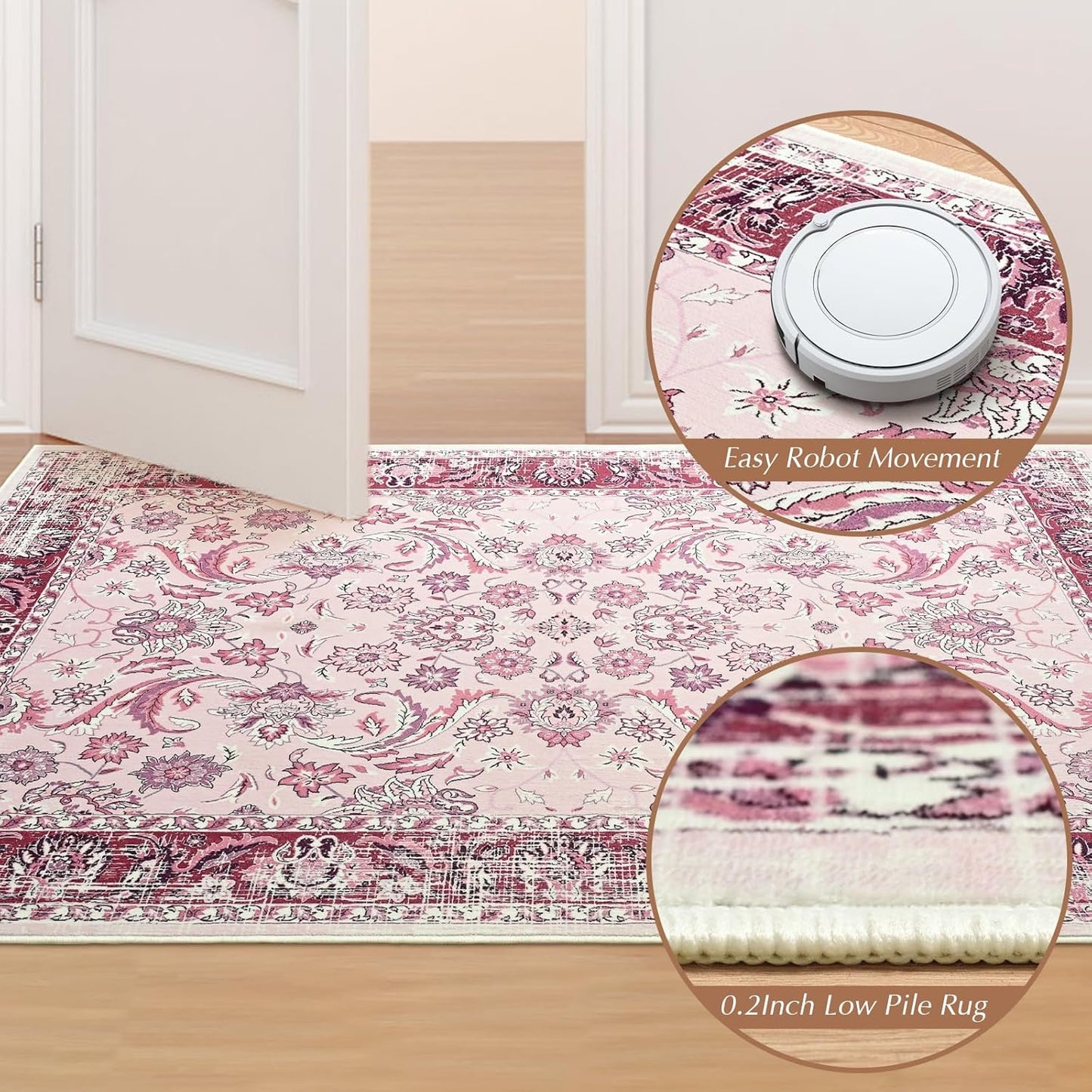 Area Rugs for Living Room, Washable 5x7 Area Rug for Bedroom, Floral Non-Slip Carpet for Nursery Home Office Dorm Dining Room Kitchen, Pink and White