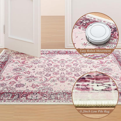 Area Rugs for Living Room, Washable 5x7 Area Rug for Bedroom, Floral Non-Slip Carpet for Nursery Home Office Dorm Dining Room Kitchen, Pink and White