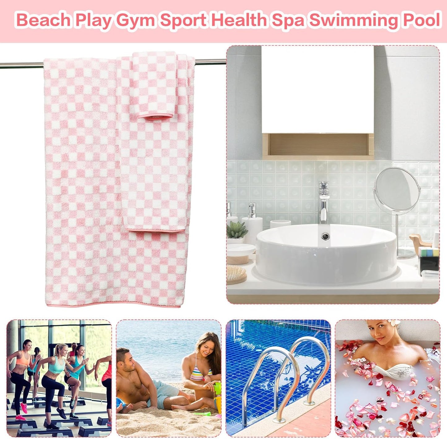 Kinlop 6 Pcs Checkered Bath Towels Set Coral Washcloth Soft Fleece Quick Dry Patterned Hand Towel for Bathroom Back to School Gym Spa Beach Accessories(Pink,Checkered)
