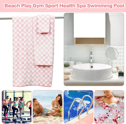 Kinlop 6 Pcs Checkered Bath Towels Set Coral Washcloth Soft Fleece Quick Dry Patterned Hand Towel for Bathroom Back to School Gym Spa Beach Accessories(Pink,Checkered)