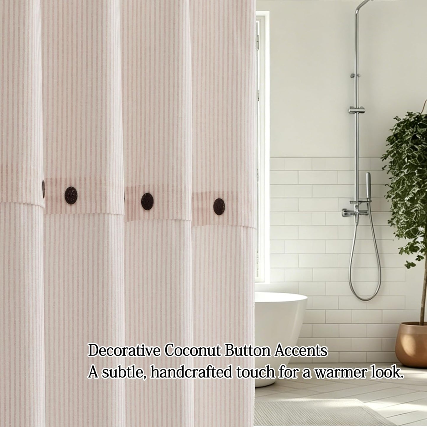 Homechoice Decor Fabric Shower Curtain 72 x 72 Inch, Minimal Pink Stripe Bathroom Curtain, Linen-Look Poly-Cotton Blend with Decorative Coconut Buttons, Warm, Cozy Accent with a Gentle Touch (LQ-45)