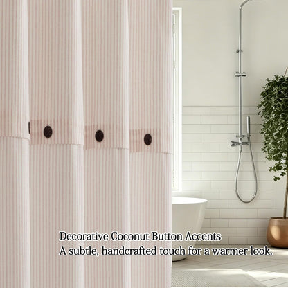 Homechoice Decor Fabric Shower Curtain 72 x 72 Inch, Minimal Pink Stripe Bathroom Curtain, Linen-Look Poly-Cotton Blend with Decorative Coconut Buttons, Warm, Cozy Accent with a Gentle Touch (LQ-45)