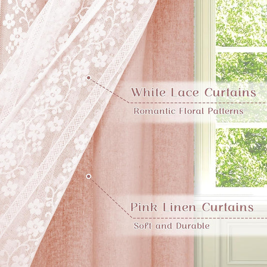 ASPMIZ Linen Pink Kitchen Tier Curtains 36 Inch Length, Double Layered Kitchen Curtain with Linen and Lace, Rod Pocket Window Curtains with Tiebacks, Boho Window Treatments for Bathroom Cafe, 2 Panel