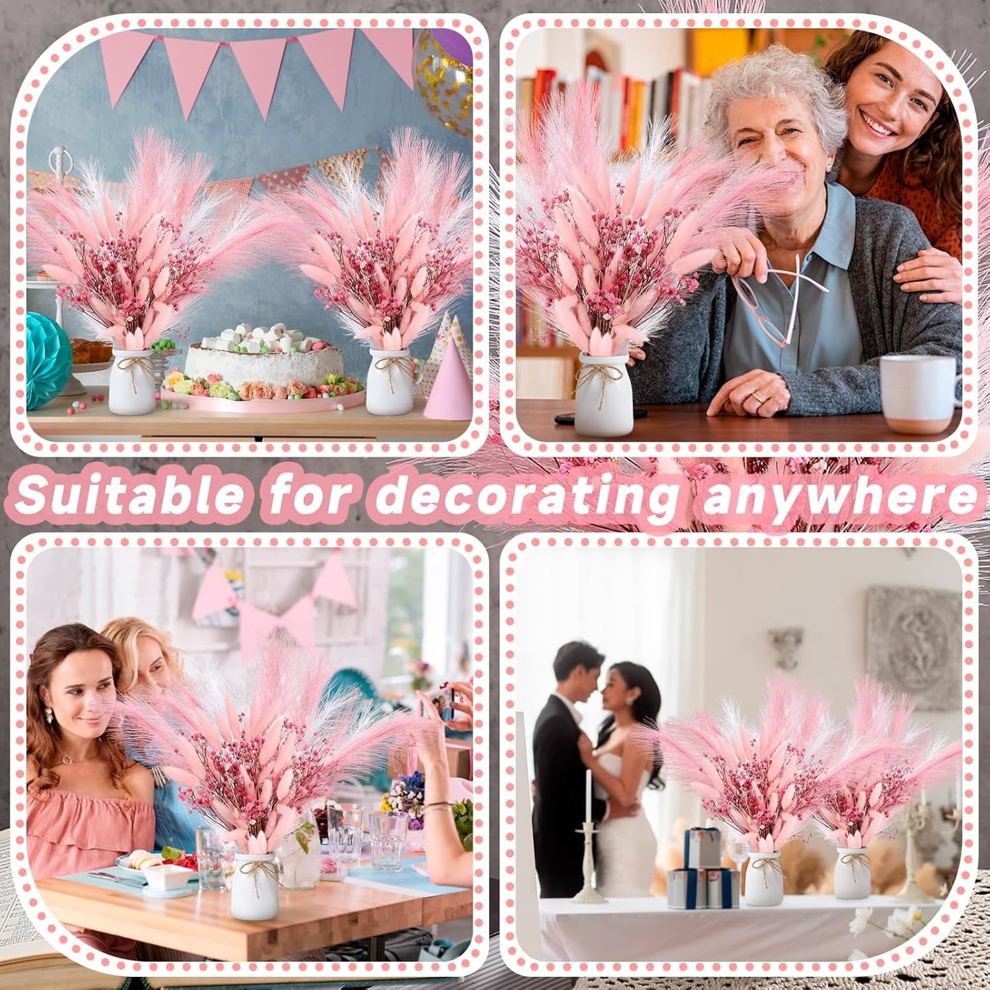 Geelin 2 Set Pink Flowers Artificial Faux Pampas Grass Gypsophila Decor Silk Pink Bunny Tails Dried and Baby Breath Flowers with White Vase Bouquets for Home Wedding Coquette Party Table Centerpieces