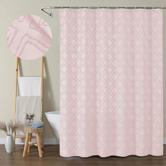 OWENIE Blush Shower Curtain Set, Jacquard Geometric Textured Fabric Boho Shower Curtain for Bathroom, Soft Hotel Style Farmhouse Shower Curtains Grommet Top 12 Hooks, Machine Washable, 72x72, Blush