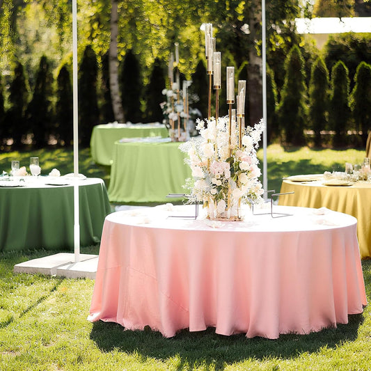 Buryeah 12 Pcs 84 Inch Sage Green Pink Gold Round Plastic Disposable Table Cloth Waterproof Tablecloth Circle Table Covers for Bridal Wedding Birthday Party Gender Reveal Baby Shower