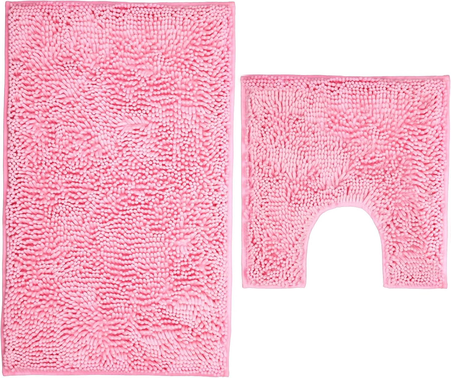 Pink Chenille Bathroom Rugs Set 2 Piece - Non Slip Absorbent Bath Mat for Shower, Quick Dry Machine Washable Floor Mats, Soft Plush, 20"x32"+U Shape 20"x20" Inch