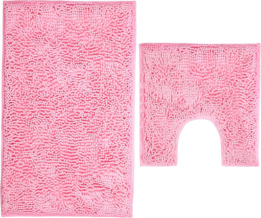 Pink Chenille Bathroom Rugs Set 2 Piece - Non Slip Absorbent Bath Mat for Shower, Quick Dry Machine Washable Floor Mats, Soft Plush, 20"x32"+U Shape 20"x20" Inch