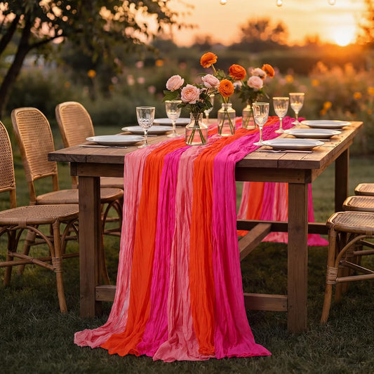 12 Pcs Pink and Orange Party Table Runners 35 x 118 Inch Sunset Party Decoration Boho Sheer Cheesecloth Gauze Table Runners for Wedding Birthday Baby Bridal Shower Graduation Decor