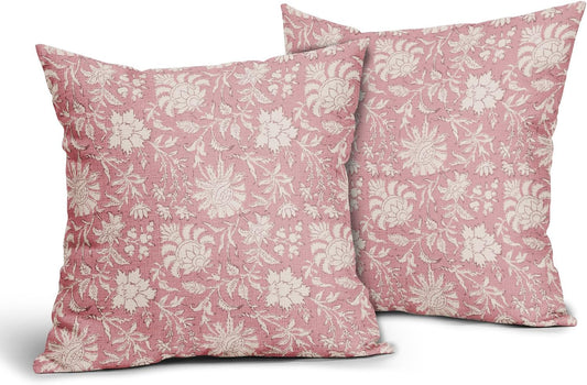 Sweetshow Light Pink Floral Pillow Covers 20x20 Set of 2 Cream Vintage Flower Block Print Pattern Decorative Throw Pillows Farmhouse Outdoor Rustic Square Cushion Cases Decor for Home Sofa Bed Couch