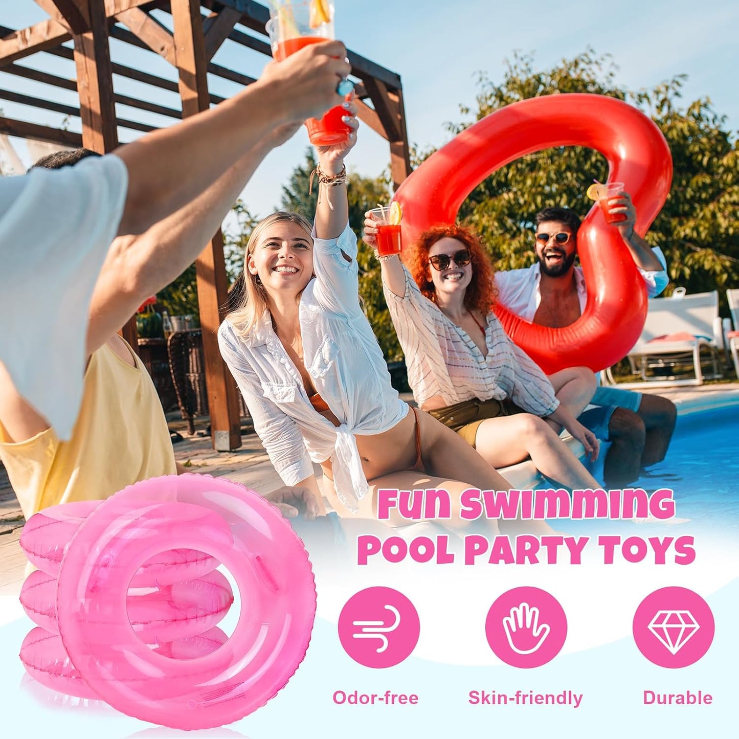 FYSUIMU 4Pcs Inflatable Pool Float with Handles Clear Pink Swim Rings Swimming Pool Tubes for Adults Teens Summer Pool Beach Bachelorette Party, 35 x 14 Inch