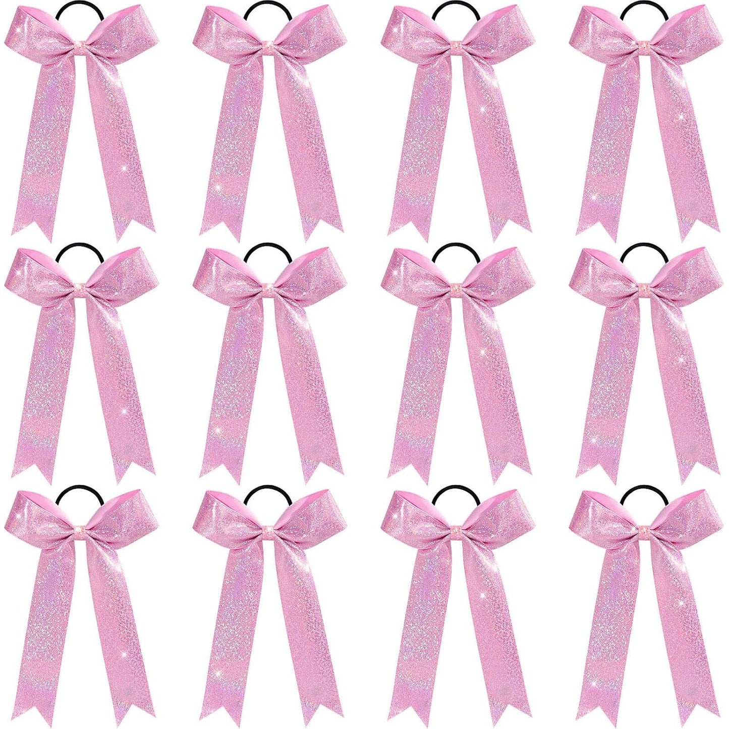 VOBOBE 12PCS Glitter Cheer Bows for Cheerleader, Pink Long Tail Cheer Hair Bows Ponytail Holder for Cheering Girls Softball Sports (Pink)