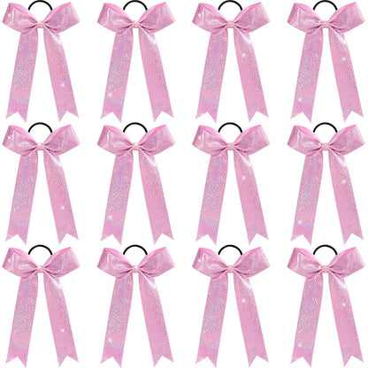 VOBOBE 12PCS Glitter Cheer Bows for Cheerleader, Pink Long Tail Cheer Hair Bows Ponytail Holder for Cheering Girls Softball Sports (Pink)