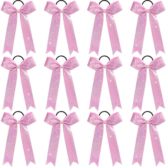 VOBOBE 12PCS Glitter Cheer Bows for Cheerleader, Pink Long Tail Cheer Hair Bows Ponytail Holder for Cheering Girls Softball Sports (Pink)