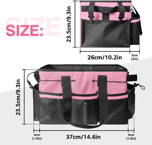 Cleaning Caddy Tote with Removable Dividers - 17.8x12.2x9.3in Waterproof Tool Organizer Bag with Handles & Adjustable Shoulder Strap for Housekeepers, Cleaners & Car Detailing Supplies (Pink)