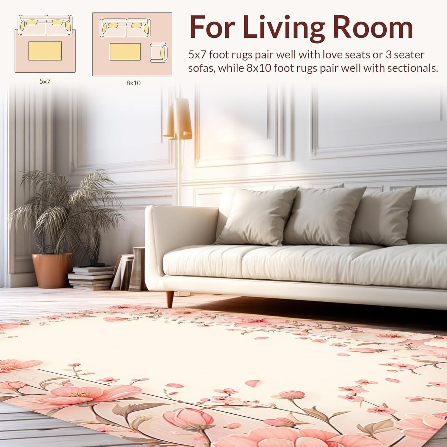 Flatwoven High Traffic Area Rug 5x7, Delicate Petal Paradise Artistic Home Accent, Non Slip, Stain Resistant, Washable Area Rugs for Living Room, Bedroom (Peach, 5x7)