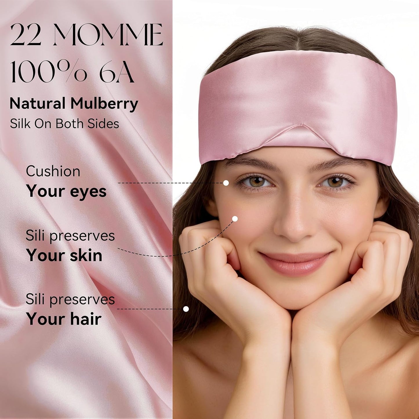 Silk Sleep Mask 22 Momme100% Mulberry Silk & 3.5cm Silk Hairband Set, Upgraded Light Blocking NosePad, Soft Wide Adjustable Strap, Comfortable Eye Mask for Men Women Home Travel (Pink)