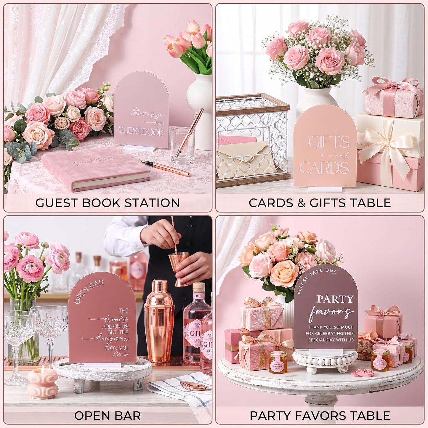 Weysat 4 Pcs Acrylic Wedding Signs for Ceremony and Reception, 5x7 Inch Dusty Pink Wedding Signage Decor with Stand, Guest Book, Cards and Gifts, Open Bar, Favor Signs for Marriage Memorial Ceremony