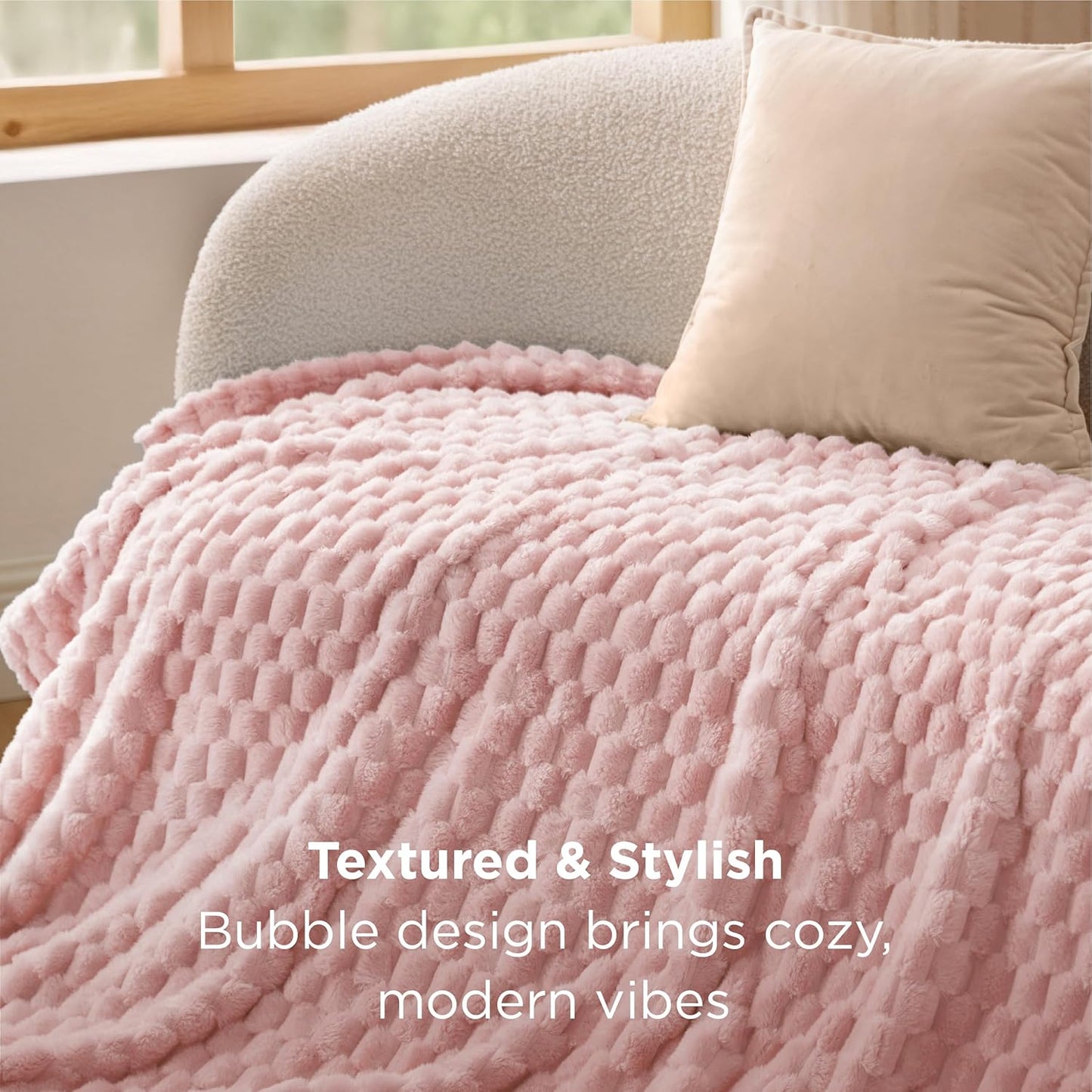 Bedsure Large Throw Blanket for Couch - 350GSM Fluffy Plush Bubble Blanket for Bed Home Room Decor, GentleSoft Cute Fleece Soft Cozy Gifts for Women Girls, Pink, 50x70 Inches