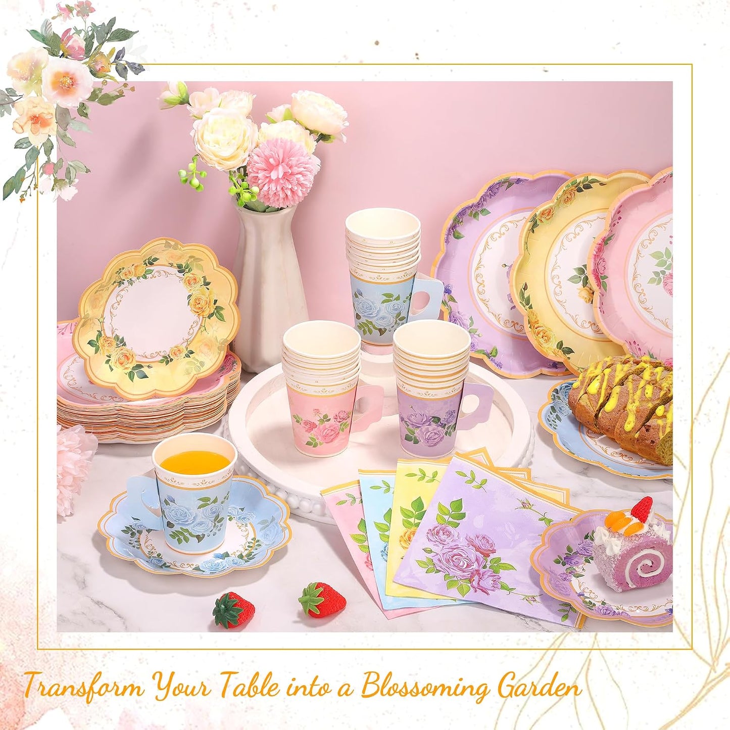 Kochorie 96 Piece Floral Paper Tea Cups and Saucers 9 Oz Teacup with Handle 9 Inch and 7 Inch Paper Plate Napkin Disposable Tea Party Supplies Serve 24 for Wedding Birthday, Pink, Blue, Yellow, Purple