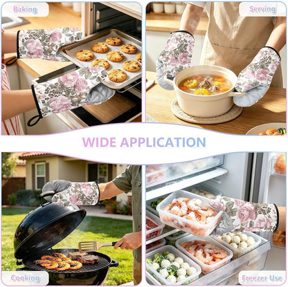 Oven Mitt 2 Pack Set Leopard Print Pink Rose Kitchen Mitts Gloves for for Cooking Baking Grilling