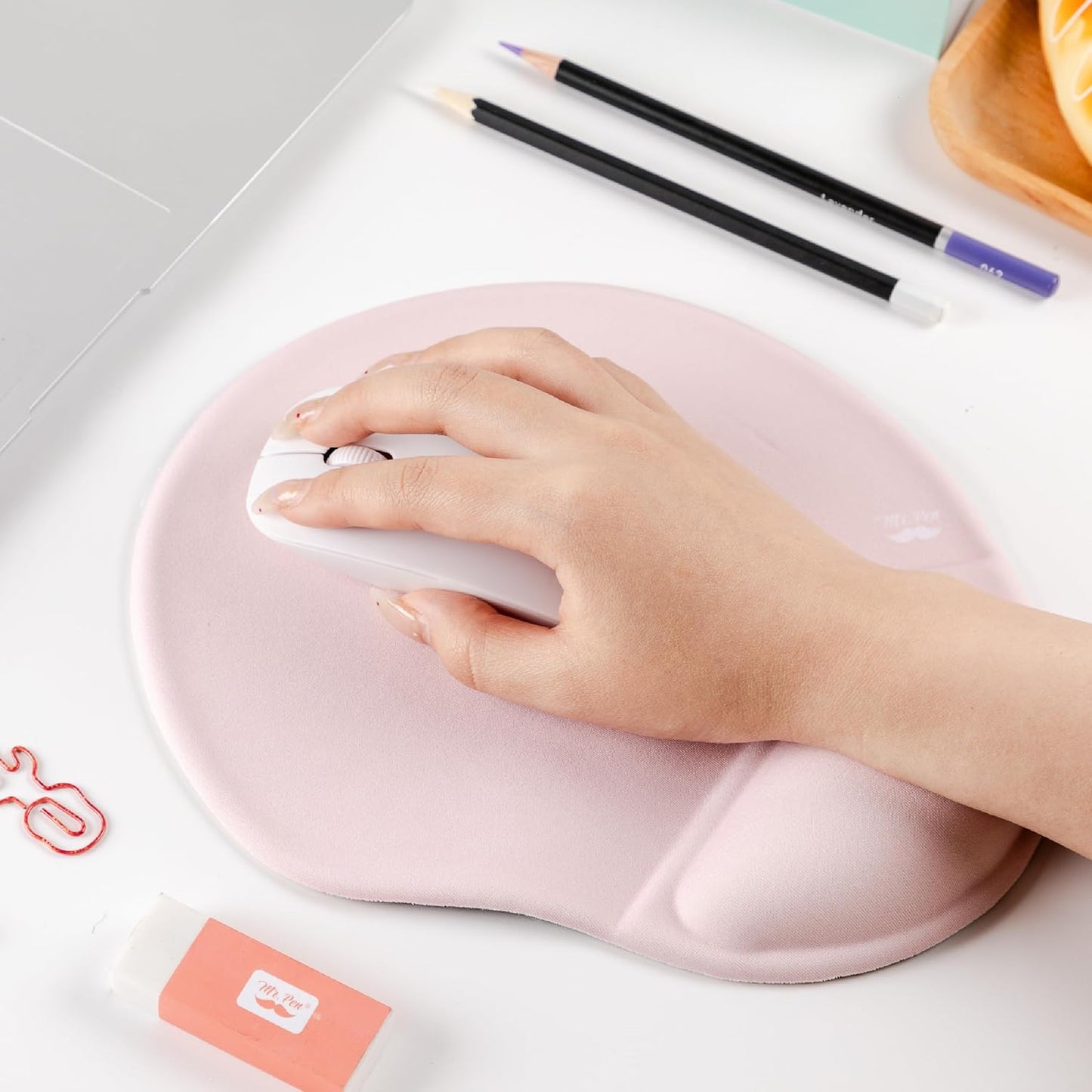 Mr. Pen- Ergonomic Mouse Pad with Wrist Rest, Blush Pink Breathable Fabric with Memory Foam Cushion, Non-Slip Rubber Base, Gel Mouse Pad with Wrist Support