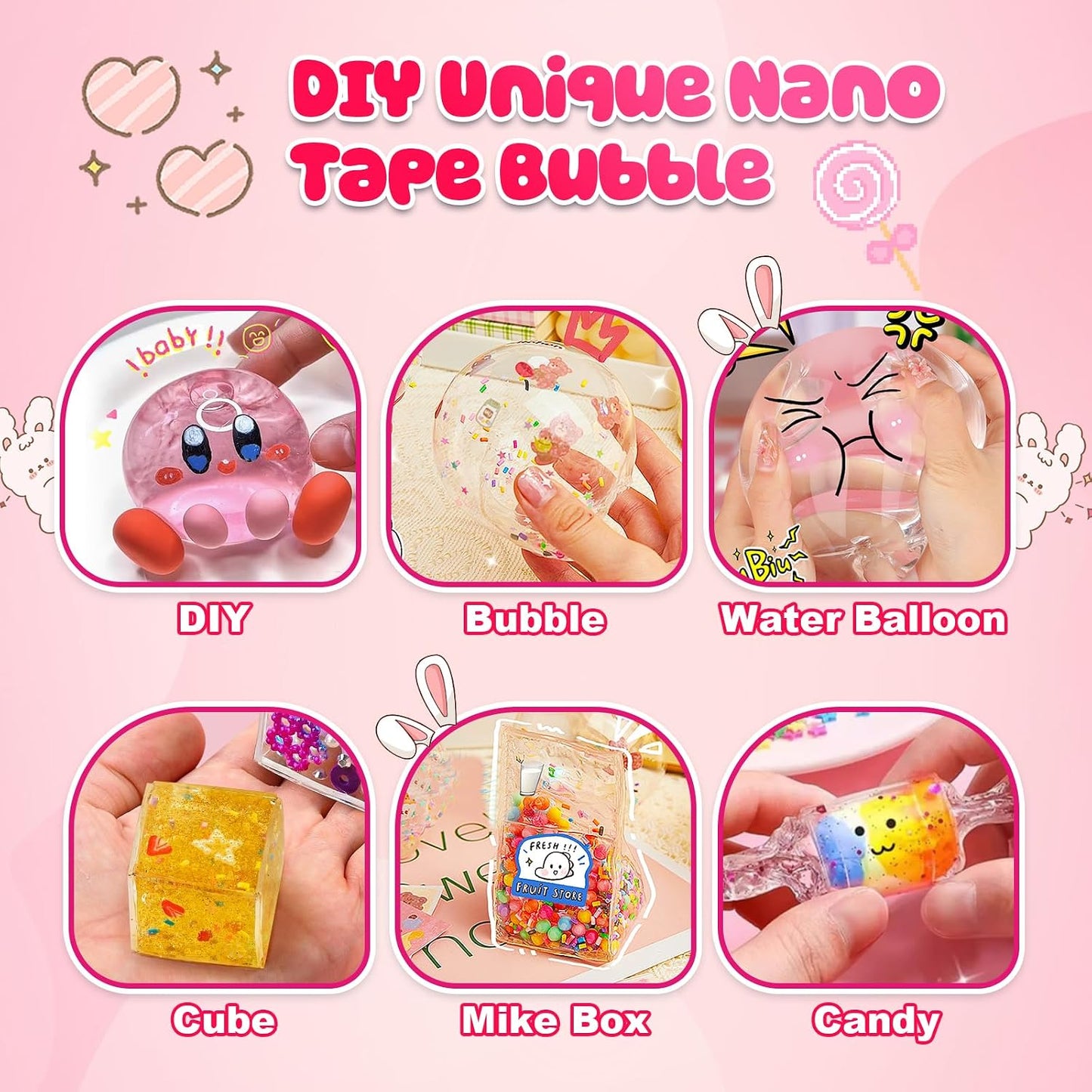 ZESKUU Nano Tape Bubble Kit for Kids - 83Pcs Nano Tape Squishy Maker Kit with Bracelet, Small Bell, Tutorials - DIY Craft Kit Suitable for Birthday Gift Toys for 6 7 8 9 10 11 12 Year Old Boys Girls