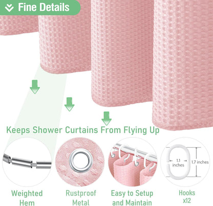 Dynamene Pink Fabric Shower Curtain - Waffle Weave Textured Heavy Duty Cloth Shower Curtains for Bathroom, 256GSM Hotel Luxury Weighted Bath Curtain Set with 12 Hooks,72x72, Pink