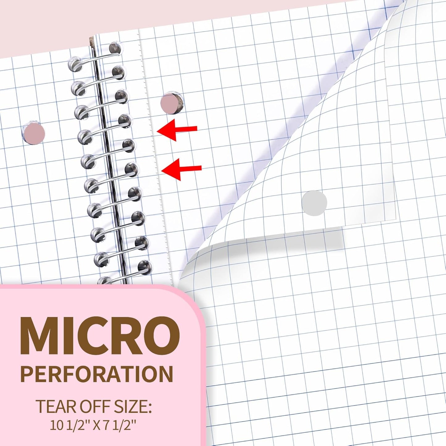 SUNEE Spiral Notebook, 1-Subject, Graph Ruled Paper, 8" x 10-1/2", 100 Sheets per Notebook, 3-Hole Punched Paper, Water Resistant Cover, Spiral Grid Notebooks for Work, Home, School, Writing, Pink