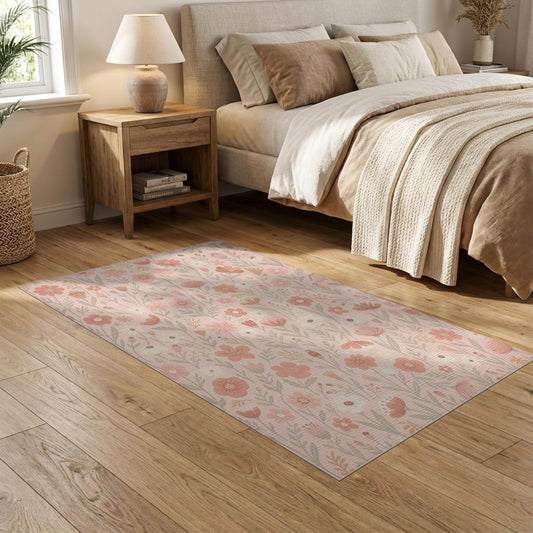 5'x7' Washable Cottagecore Floral Area Rug, Peach Non-Shedding Pet Friendly Carpet for Small Living Room, Playroom, Bedroom, Easy Care Kids Safe Mat | Ref:2159008