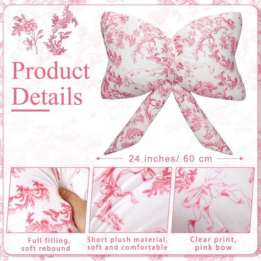 Colingmill Bow Shaped Throw Pillow 24 Inch Large Pink and White Chinoiserie Floral Pillow Decorative Coquette Fancy Decor for Sofa Bed Couch Living Room