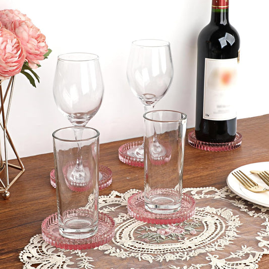 Modern Clear Coaster Set of 5- Glass Coasters for Drinks Crystal Coasters Round Cup Coaster Coffee Table Decor for Office, Kitchen, Bar, Dining Room, Living Room, Patio(Clear Pink)