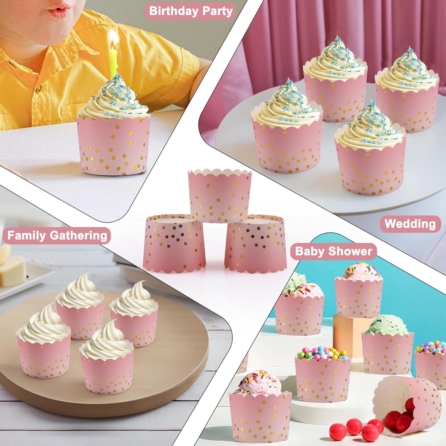 Pink Cupcake Liners for Baking, Standard Size Muffin Paper Liners with Gold Polka Dots, 50Pack Baking Cups for Baby Shower, Birthday Party, Valentines Day, Mother's Day Cupcake Liners