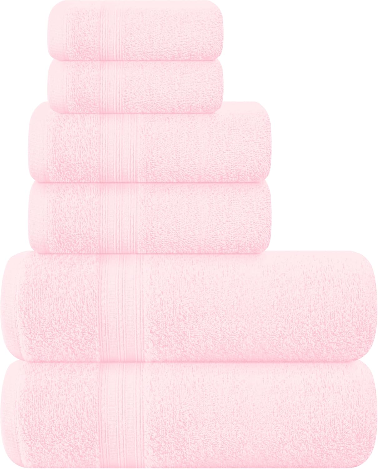 BOUTIQUO 6 Pack Cotton Towel Set, Contains 2 Bath Towels 27x54 inch, 2 Hand Towels 16x24 inch & 2 Wash Coths 12x12 inch, Ideal Everyday use, Ultra Soft Compact & Lightweight - Pink