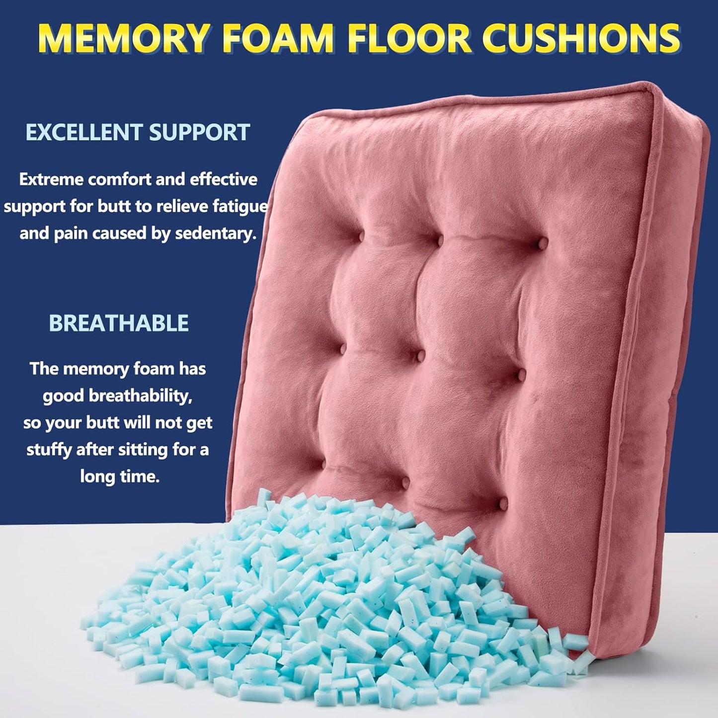 1 MIDDLE ONE Floor Pillow Set of 2, Memory Foam Meditation Cushion, Floor Cushions for Adults Sitting, Large Square Seat Cushions for Yoga, Living Room, 20x20 Inch (Pink)