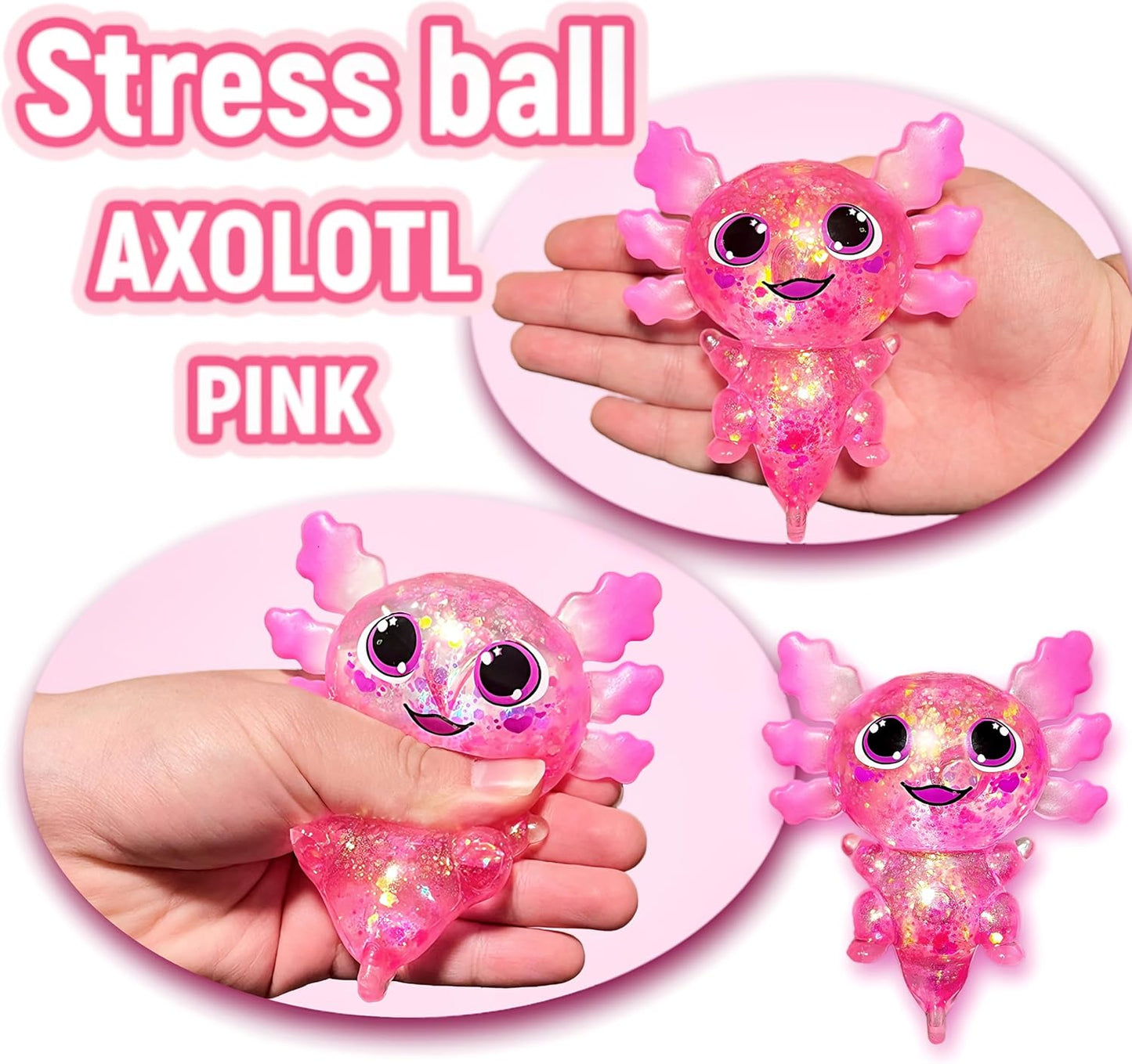 Squishy Axolotl Sugar Stress Balls Squeeze Toy for Kids, Slow Rise Squishy Axolotl Sensory Fidget Toys, Glitter Axolotl Sugar Squeeze Stress Ball Easter Basket Stuffers (Pink)