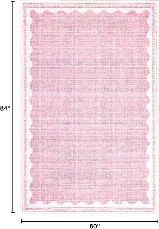 GarveeHome Washable Rugs 5x7 Area Rug for Living Room, Scalloped 5 x 7 Rug Solid Pink Modern Minimalism Low-Pile Carpet for Bedroom Dining Nursery Non Slip Mat with Rubber Back