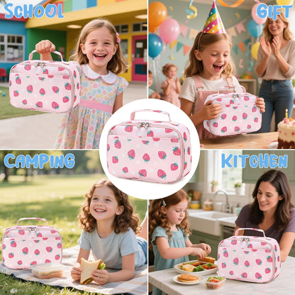 CAMTOP Lunch Box Kids Boys Girls Insulated Lunch Cooler Bag Reusable Lunch Tote Kit for School Travel (Pink Strawberry)