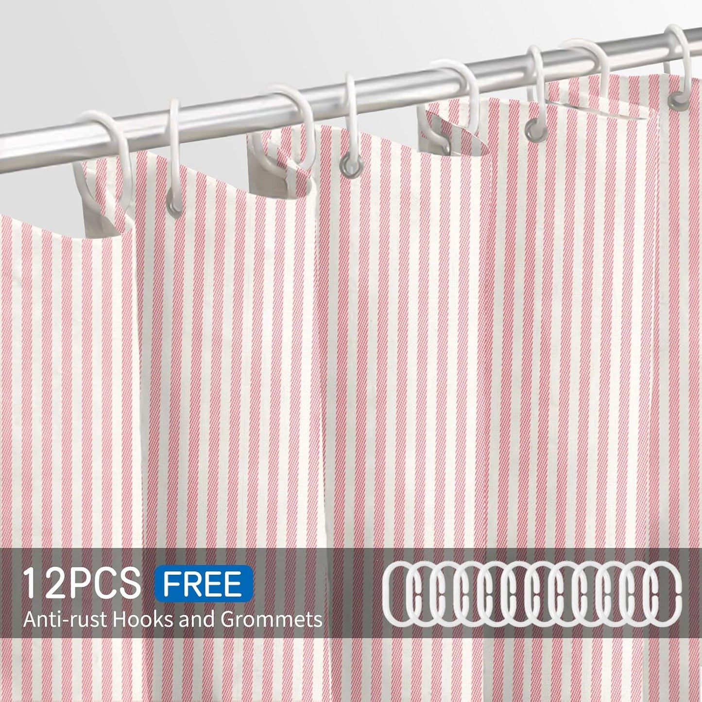 Pink White Striped Linen Cotton Waterproof Shower Curtain, Funny Stripe Shower Curtains for Bathroom Decor, Chic Fabric Cloth Shower Curtain 72" W x 72" L