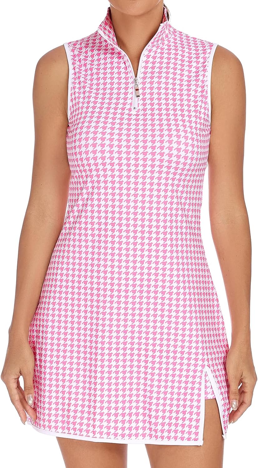 Koscacy Womens Tennis Dress Sleeveless Golf Dresses with Shorts Zip Up Stand Collar Workout Athletic Outfits