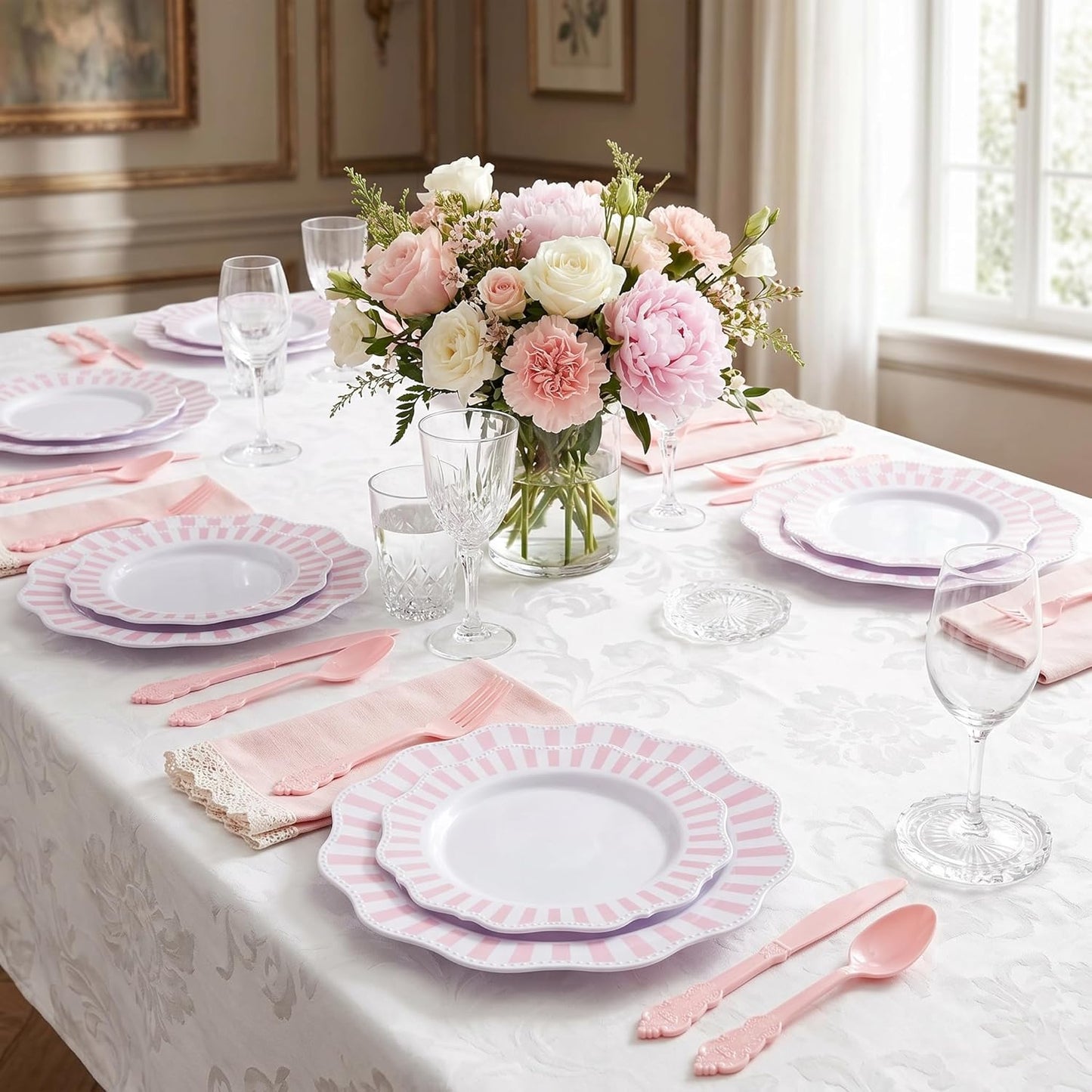 COLOSUS 150pcs Disposable Pink and White Stripped Plastic Plates and Silverware set, Light Pink Dinner/Dessert Plates silverware serve 30guests for Easter Day, Wedding Party and Daily use.