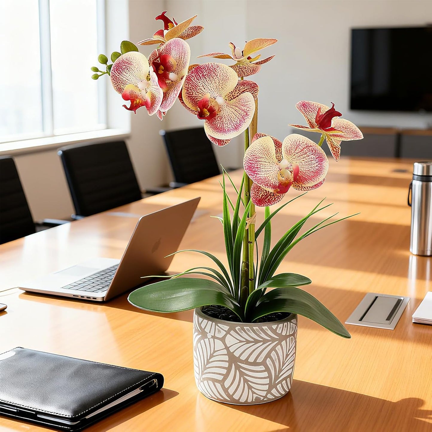Artificial Orchid Flower Plant, 14.9'' Real Touch Faux Orchid Pink with Ceramic Vase, Fake Orchid Arrangements Home Office Decor Indoor Outdoor Wedding Table Centerpieces