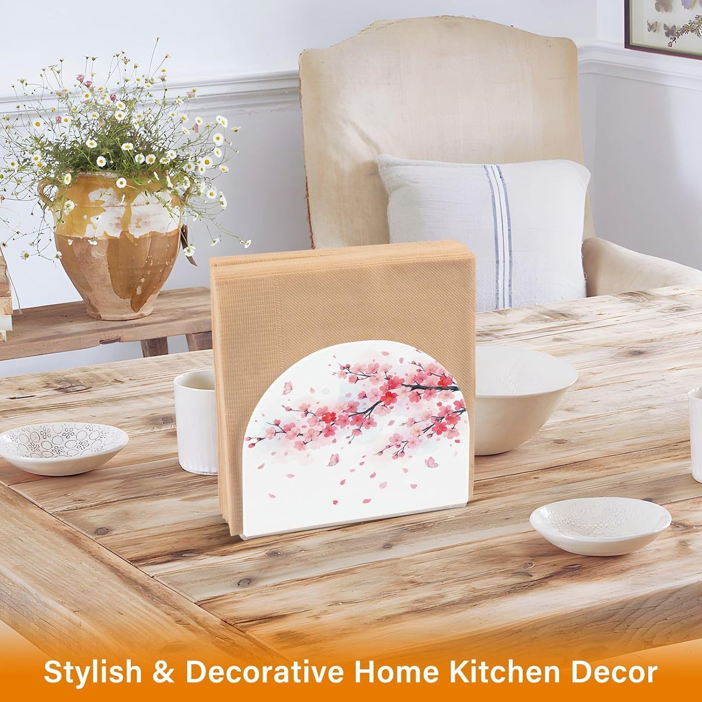 Beautiful Spring Pink Cherry Blossom Napkin Holder for Table Kitchen Decor Acrylic Paper Napkin Holders for Tissue Dining Room Indoor Outdoor Party Holiday Accessories