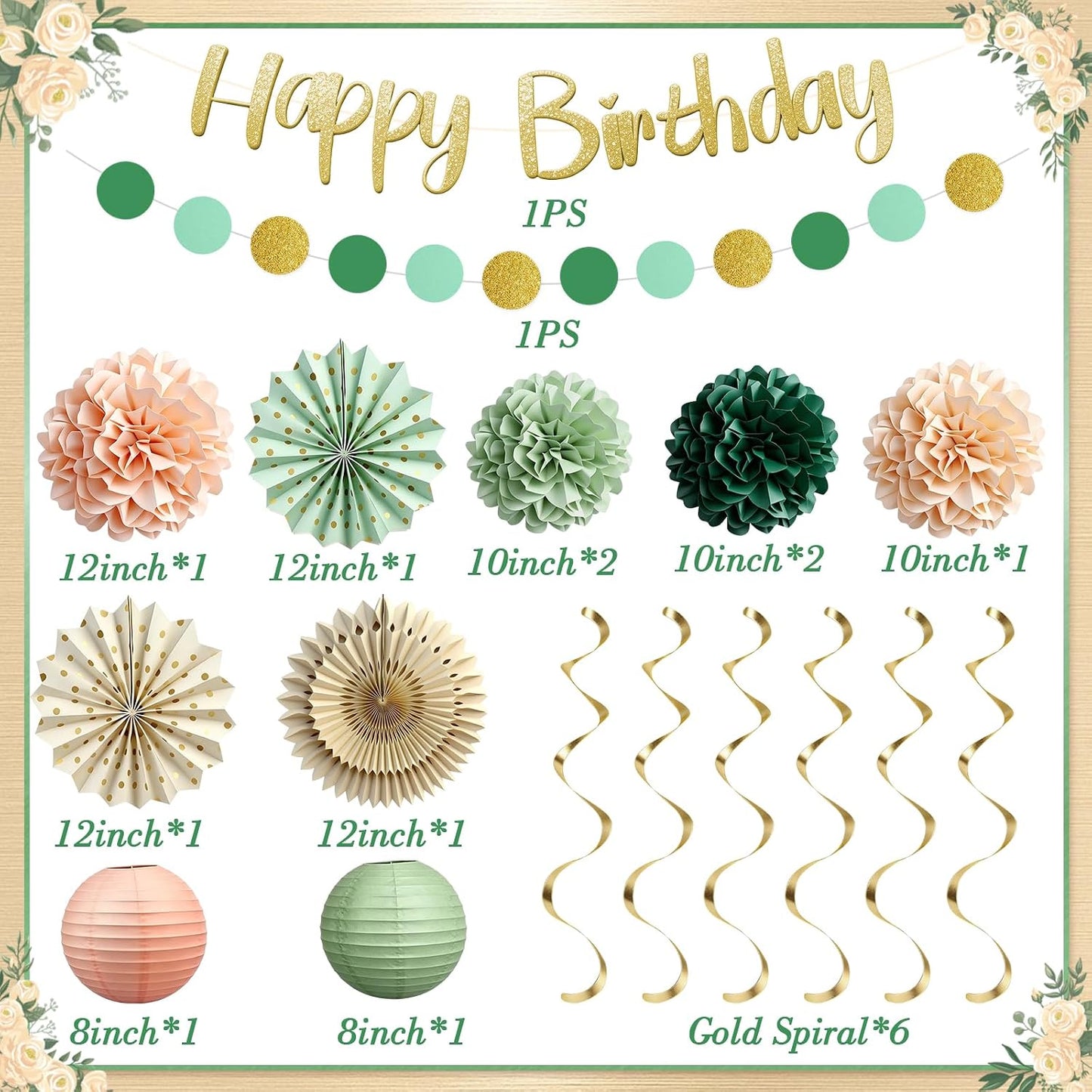 Sage Green and Peach Party Decorations, Boho Birthday Decorations for Women Girls, Baby Shower Decorations with Olive Peach Paper pom pom, Lanterns, Fans for Bridal Shower Wedding Engagement