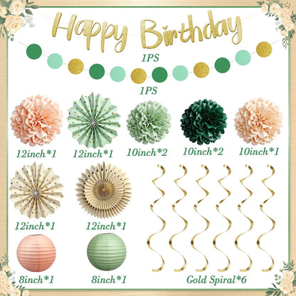 Sage Green and Peach Party Decorations, Boho Birthday Decorations for Women Girls, Baby Shower Decorations with Olive Peach Paper pom pom, Lanterns, Fans for Bridal Shower Wedding Engagement