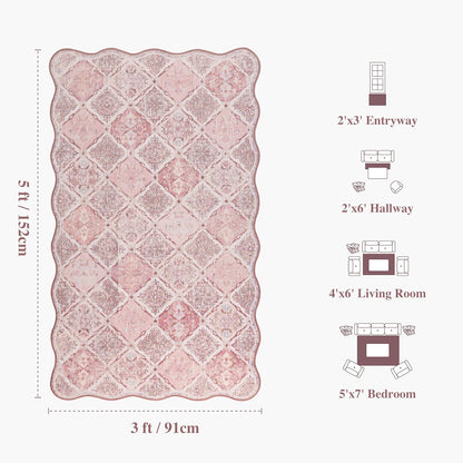 Moroccan 3x5 Area Rug, Unique Scalloped Ultra-Thin Soft Washable Rug, Non-Slip Stain Resistant Lightweight Low-Pile Carpet for Living Room Bedroom Dining Room Office (Pink)